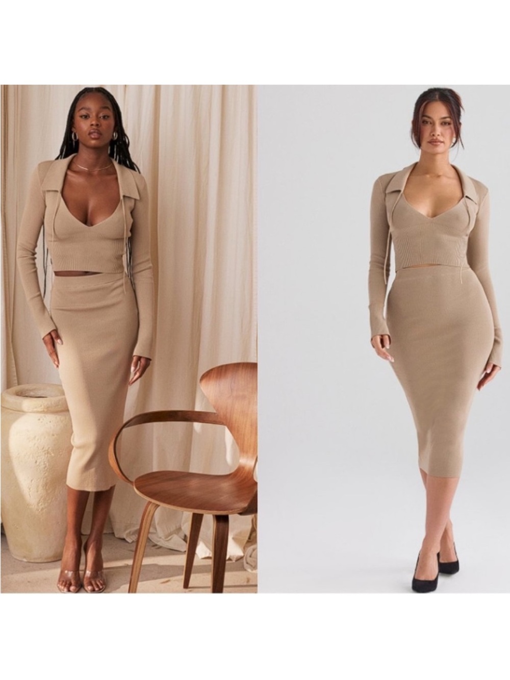 House of CB Heather Camel Knit Midi Skirt